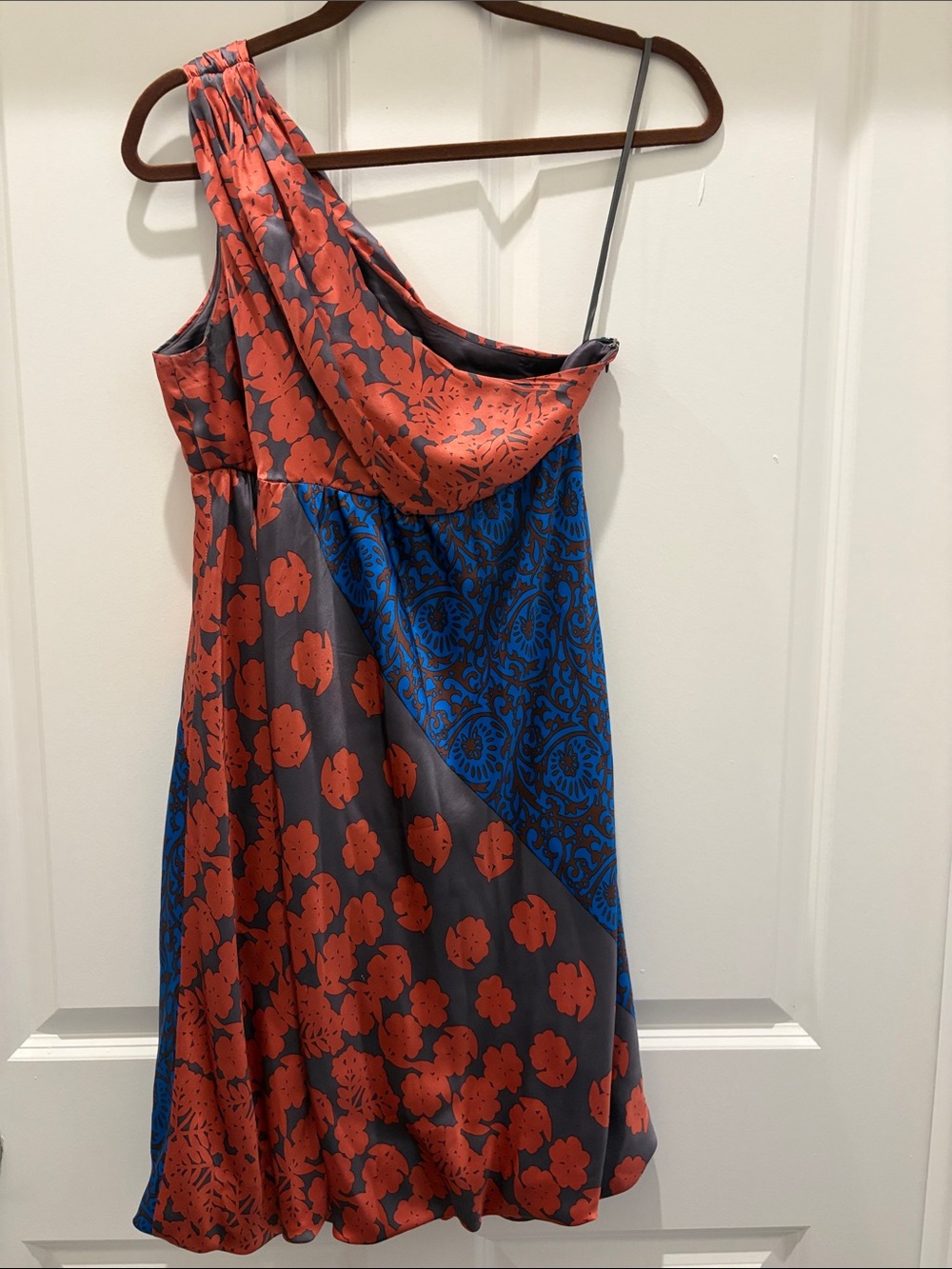 Tibi One-Shoulder Mixed Print Dress in Rust and Blue